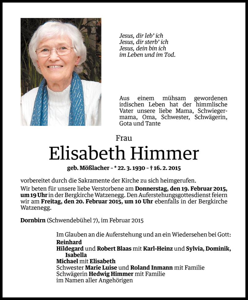  Todesanzeige für Elisabeth Himmer vom 17.02.2015 aus Vorarlberger Nachrichten