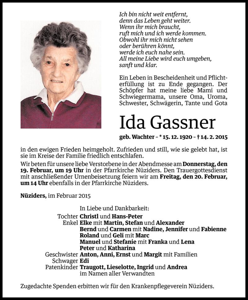  Todesanzeige für Ida Gassner vom 18.02.2015 aus Vorarlberger Nachrichten