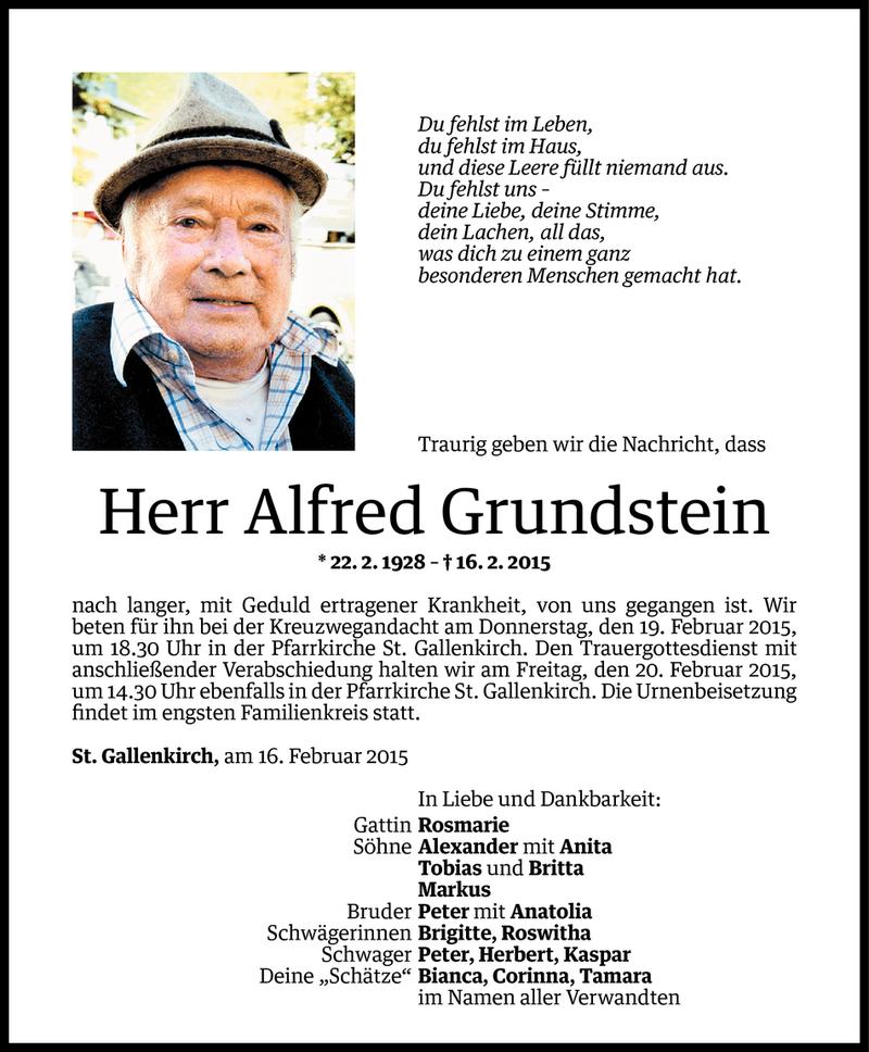  Todesanzeige für Alfred Grundstein vom 17.02.2015 aus Vorarlberger Nachrichten