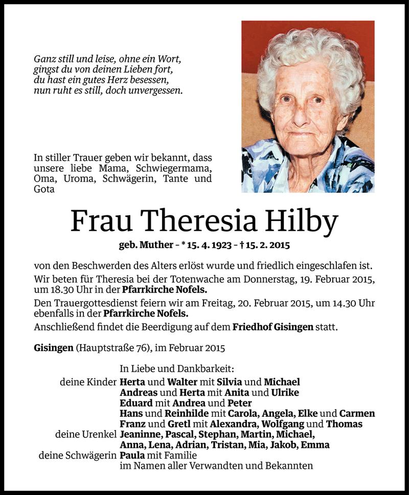  Todesanzeige für Theresia Hilby vom 17.02.2015 aus Vorarlberger Nachrichten