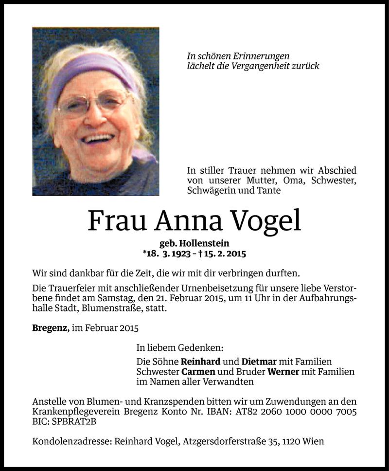  Todesanzeige für Anna Vogel vom 17.02.2015 aus Vorarlberger Nachrichten