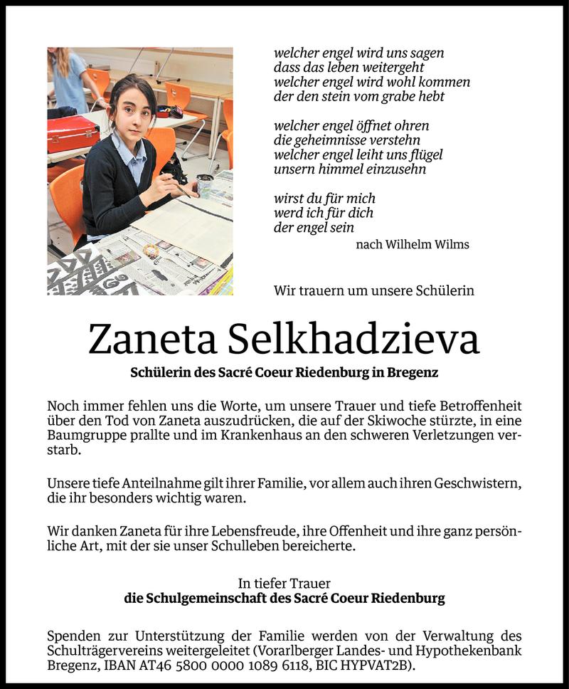  Todesanzeige für Zaneta Selkhadzieva vom 18.02.2015 aus Vorarlberger Nachrichten