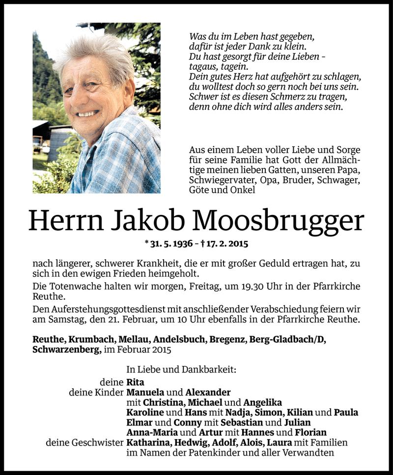  Todesanzeige für Jakob Moosbrugger vom 18.02.2015 aus Vorarlberger Nachrichten