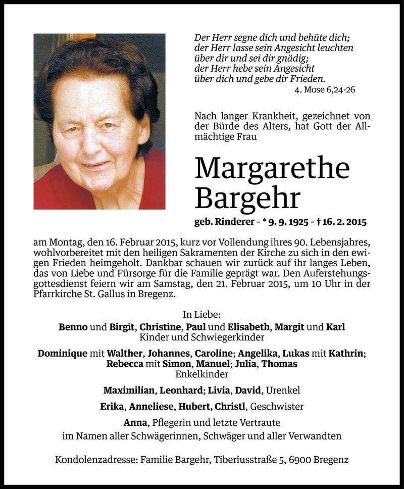  Todesanzeige für Margarethe Bargehr vom 18.02.2015 aus Vorarlberger Nachrichten