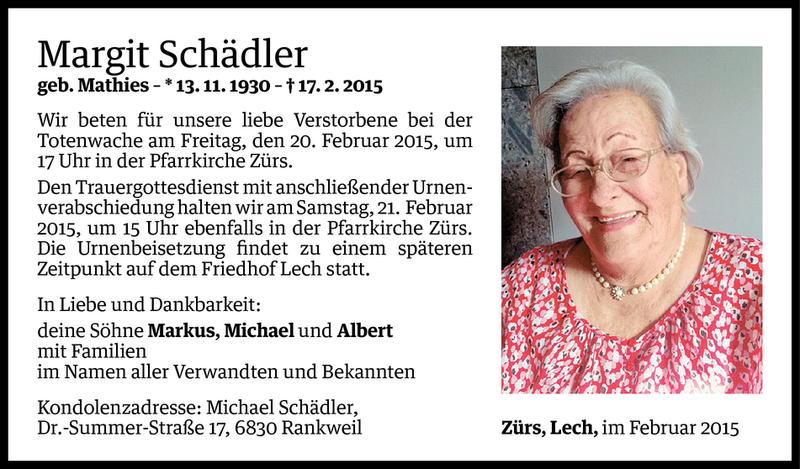  Todesanzeige für Margit Schädler vom 18.02.2015 aus Vorarlberger Nachrichten