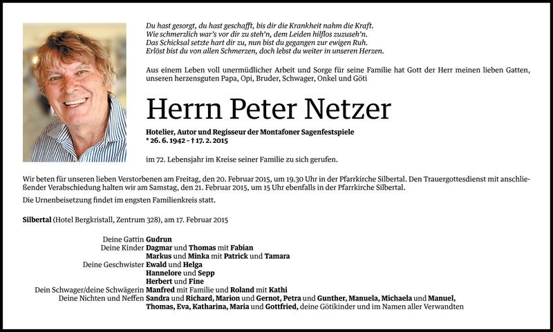  Todesanzeige für Peter Netzer vom 18.02.2015 aus Vorarlberger Nachrichten