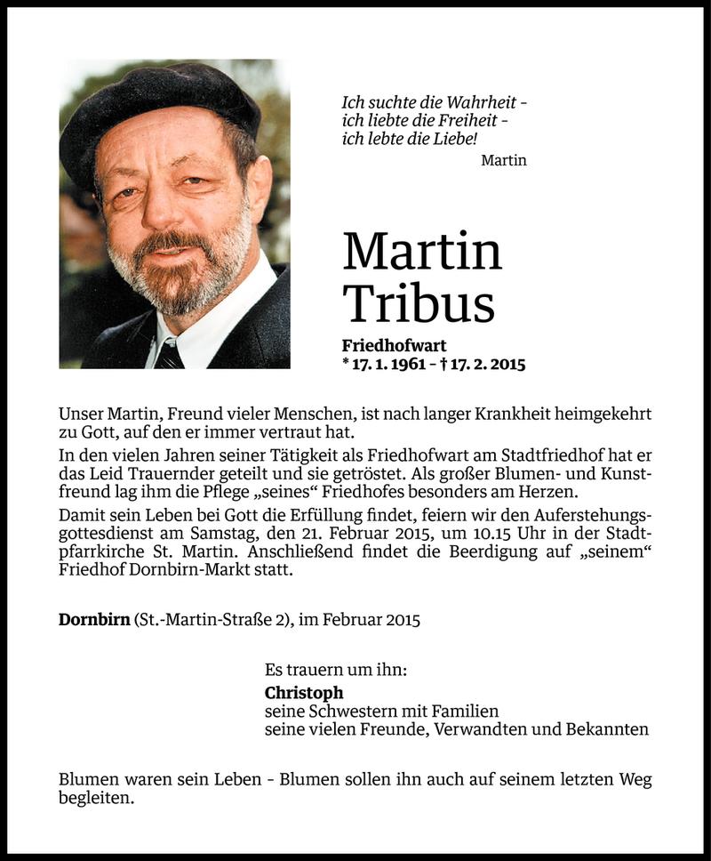  Todesanzeige für Martin Tribus vom 18.02.2015 aus Vorarlberger Nachrichten