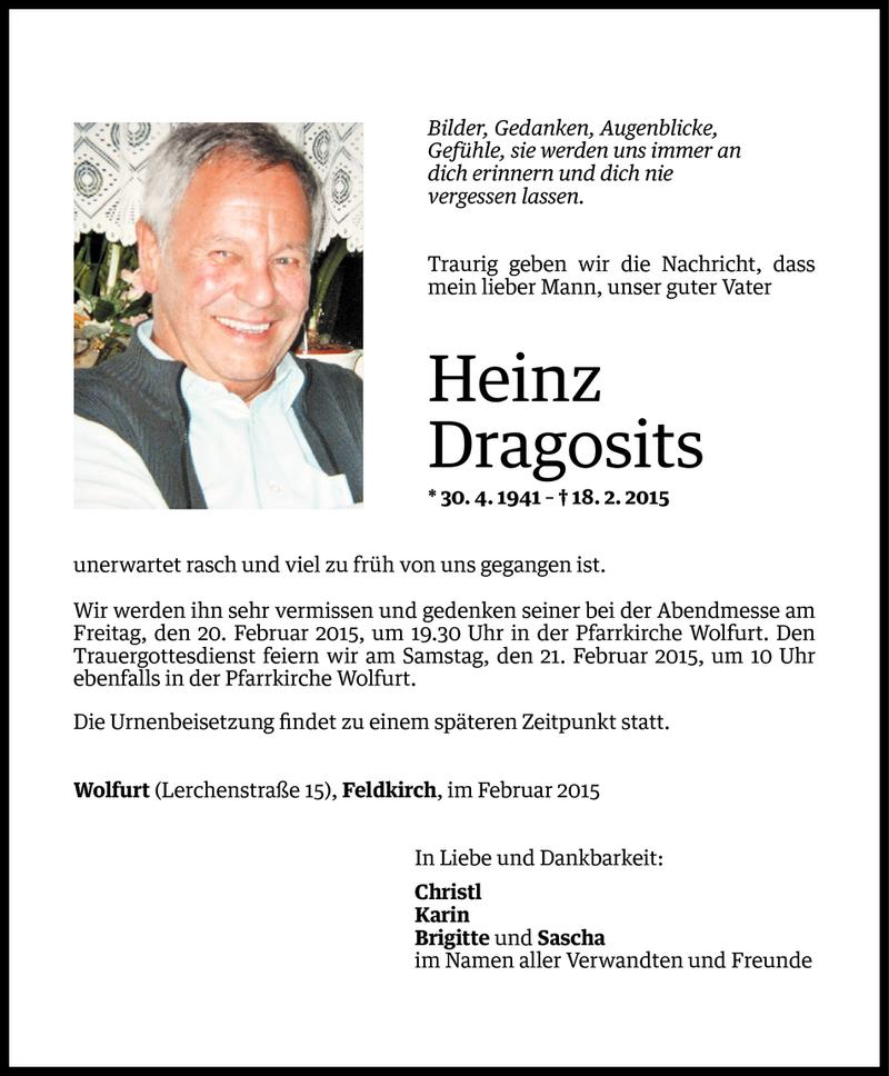  Todesanzeige für Heinz Dragosits vom 18.02.2015 aus Vorarlberger Nachrichten