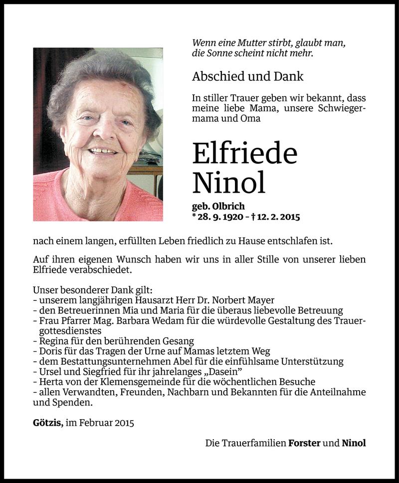  Todesanzeige für Elfriede Ninol vom 18.02.2015 aus Vorarlberger Nachrichten