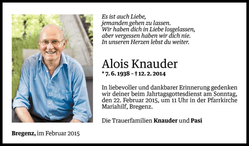 Todesanzeige für Alois Knauder vom 19.02.2015 aus Vorarlberger Nachrichten