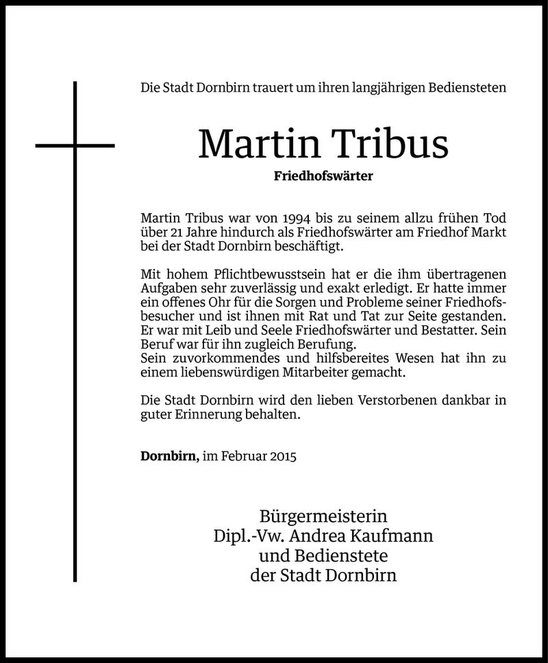  Todesanzeige für Martin Tribus vom 19.02.2015 aus Vorarlberger Nachrichten