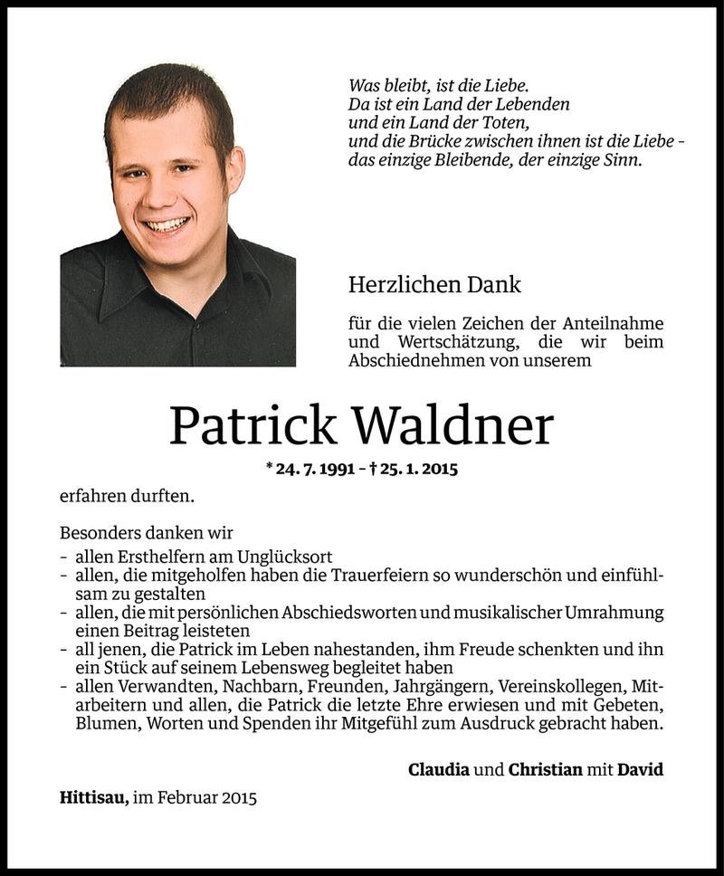  Todesanzeige für Patrick Waldner vom 20.02.2015 aus Vorarlberger Nachrichten