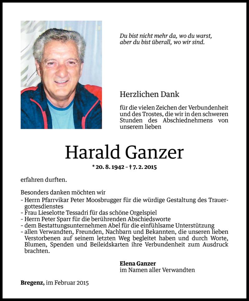  Todesanzeige für Harald Ganzer vom 20.02.2015 aus Vorarlberger Nachrichten