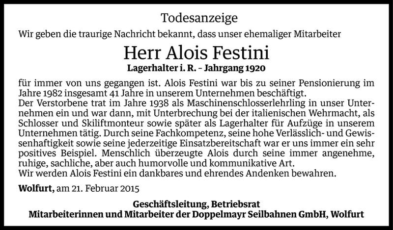  Todesanzeige für Alois Festini vom 20.02.2015 aus Vorarlberger Nachrichten