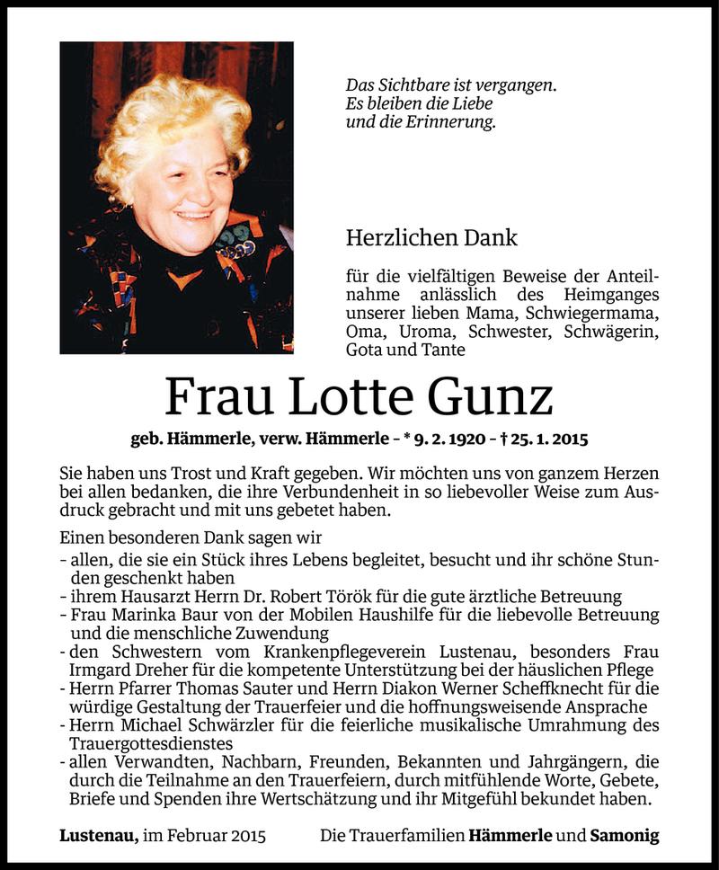  Todesanzeige für Lotte Gunz vom 20.02.2015 aus Vorarlberger Nachrichten