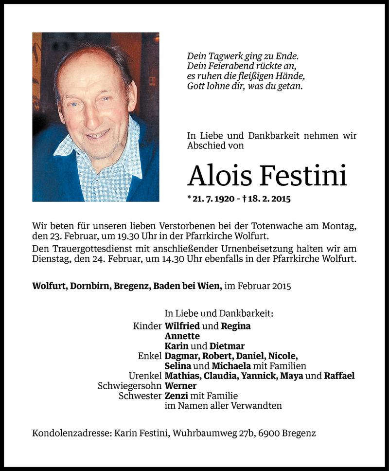  Todesanzeige für Alois Festini vom 20.02.2015 aus Vorarlberger Nachrichten