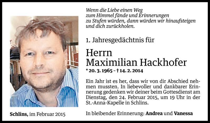  Todesanzeige für Maximilian Hackhofer vom 20.02.2015 aus Vorarlberger Nachrichten