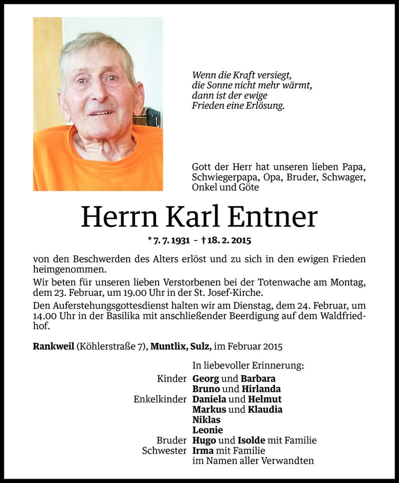  Todesanzeige für Karl Entner vom 21.02.2015 aus Vorarlberger Nachrichten