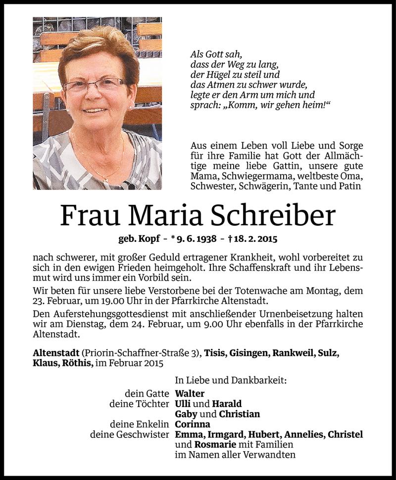  Todesanzeige für Maria Schreiber vom 21.02.2015 aus Vorarlberger Nachrichten