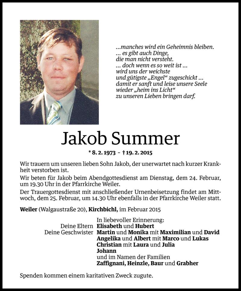  Todesanzeige für Jakob Summer vom 21.02.2015 aus Vorarlberger Nachrichten