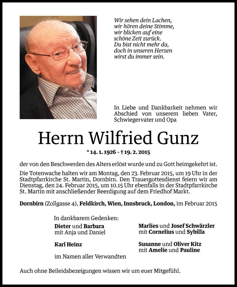  Todesanzeige für Wilfried Gunz vom 20.02.2015 aus Vorarlberger Nachrichten