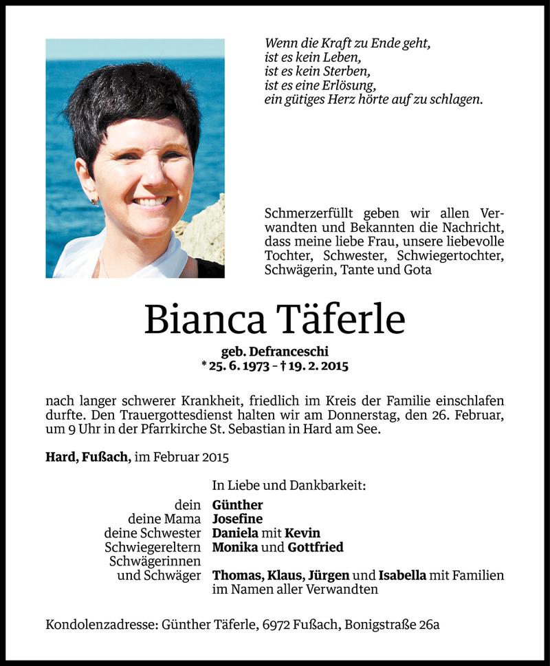  Todesanzeige für Bianca Täferle vom 20.02.2015 aus Vorarlberger Nachrichten