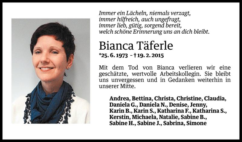  Todesanzeige für Bianca Täferle vom 20.02.2015 aus Vorarlberger Nachrichten