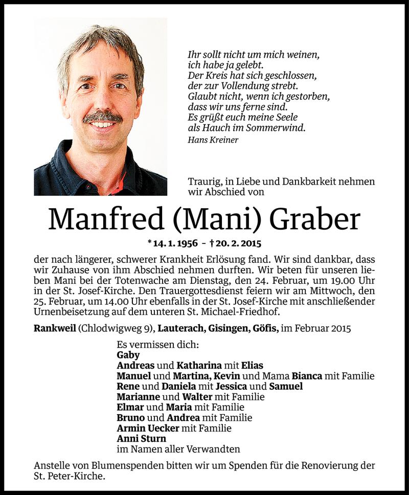 Todesanzeige für Manfred Graber vom 23.02.2015 aus Vorarlberger Nachrichten