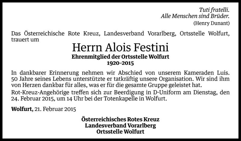  Todesanzeige für Alois Festini vom 22.02.2015 aus Vorarlberger Nachrichten