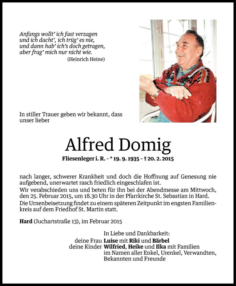 Todesanzeige für Alfred Domig vom 22.02.2015 aus Vorarlberger Nachrichten