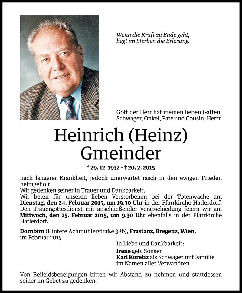  Todesanzeige für Heinrich Gmeinder vom 22.02.2015 aus Vorarlberger Nachrichten