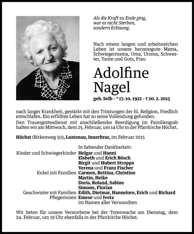  Todesanzeige für Adolfine Nagel vom 22.02.2015 aus Vorarlberger Nachrichten