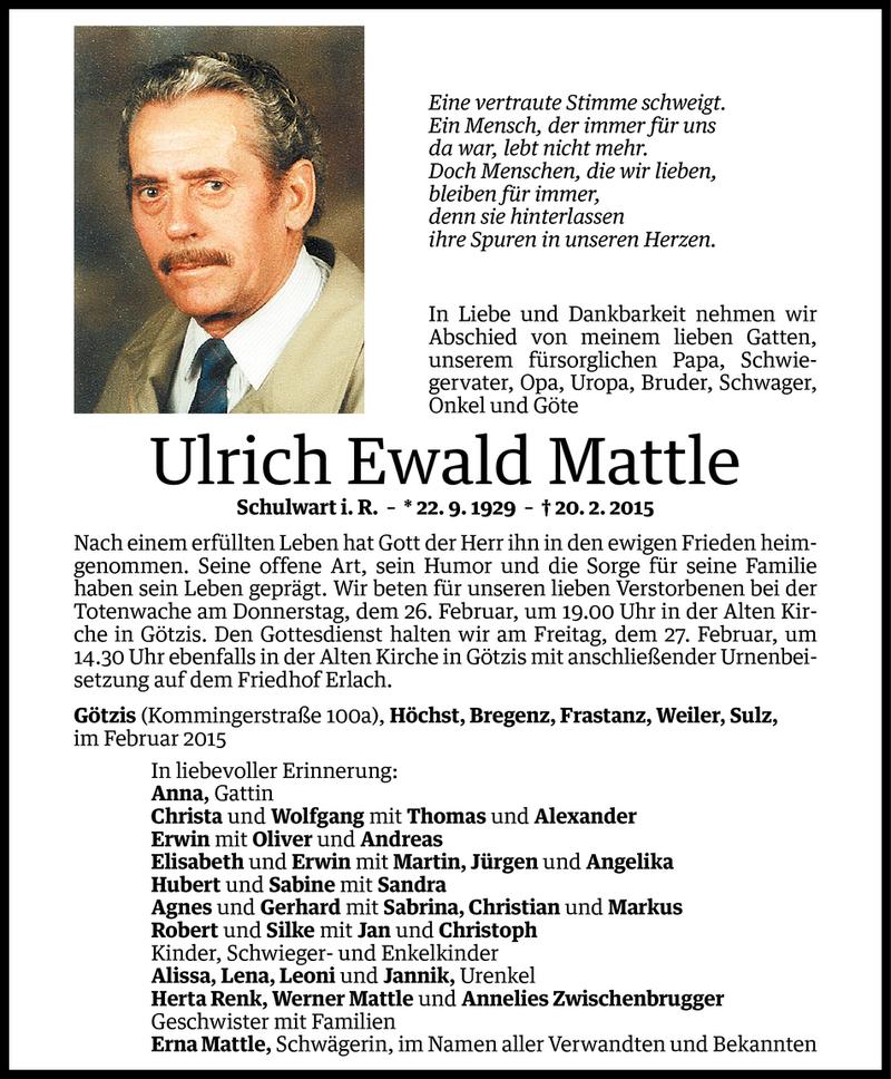  Todesanzeige für Ulrich Ewald Mattle vom 24.02.2015 aus Vorarlberger Nachrichten