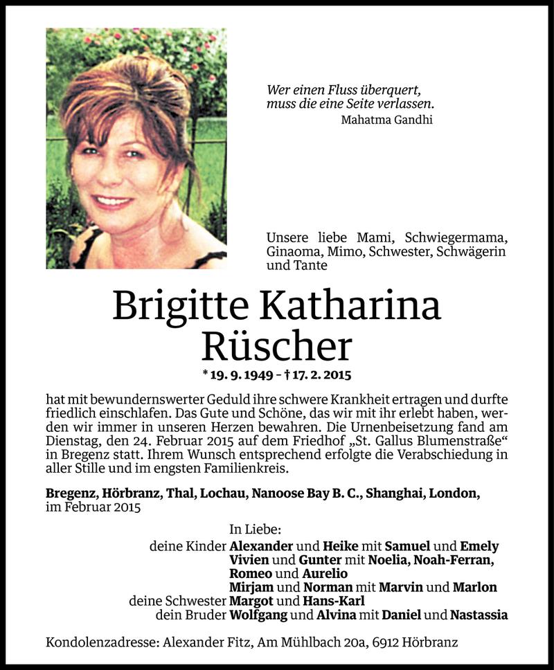  Todesanzeige für Brigitte Katharina Rüscher vom 25.02.2015 aus Vorarlberger Nachrichten