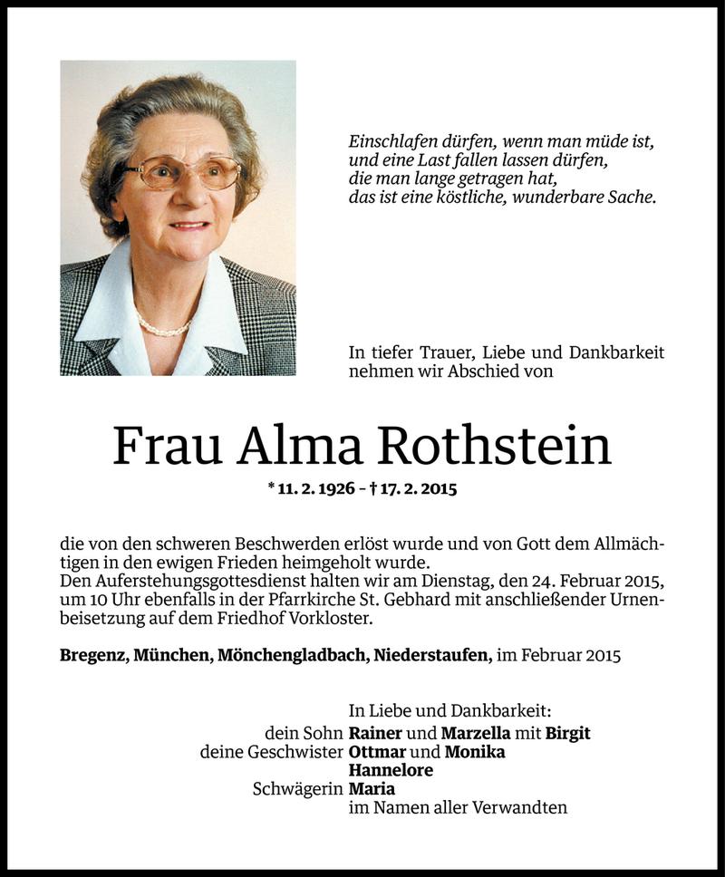 Todesanzeige für Alma Rothstein vom 23.02.2015 aus Vorarlberger Nachrichten
