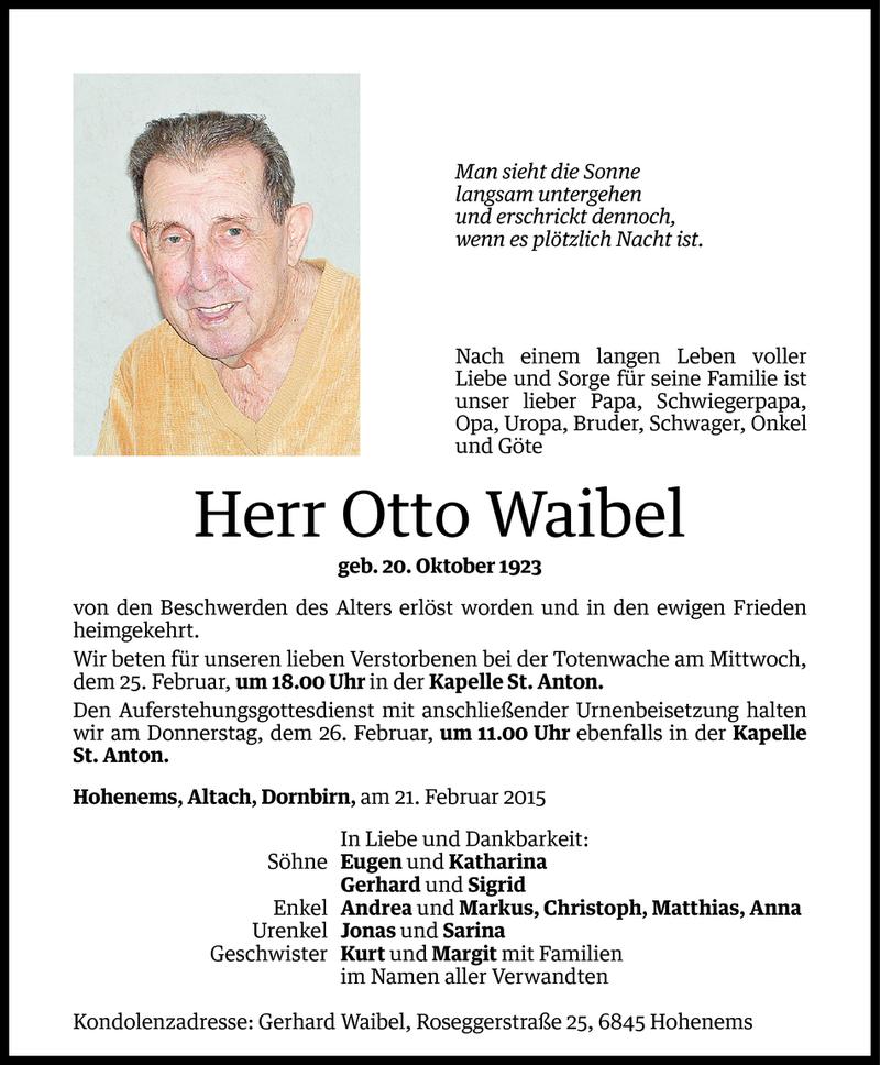  Todesanzeige für Otto Waibel vom 24.02.2015 aus Vorarlberger Nachrichten