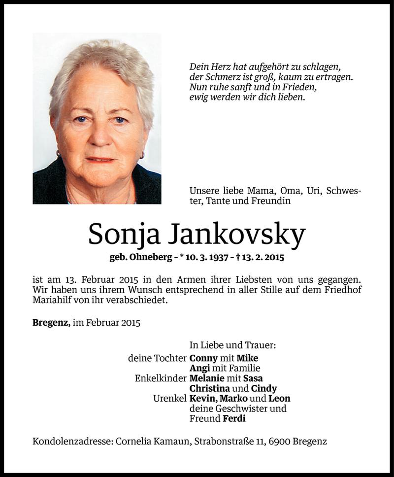  Todesanzeige für Sonja Jankovsky vom 24.02.2015 aus Vorarlberger Nachrichten