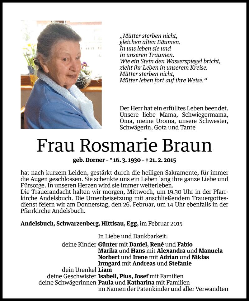  Todesanzeige für Rosmarie Braun vom 23.02.2015 aus Vorarlberger Nachrichten