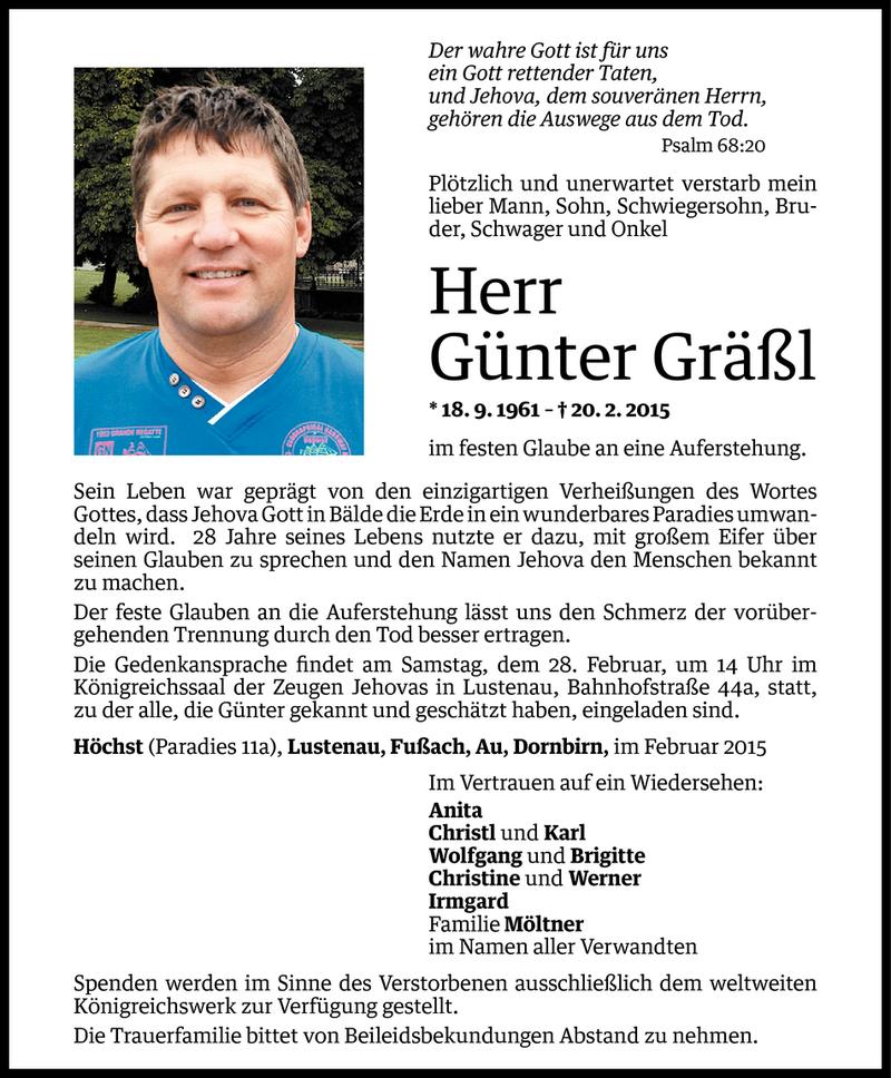  Todesanzeige für Günter Gräßl vom 23.02.2015 aus Vorarlberger Nachrichten