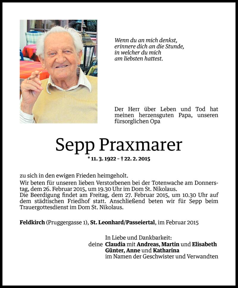  Todesanzeige für Sepp Praxmarer vom 23.02.2015 aus Vorarlberger Nachrichten