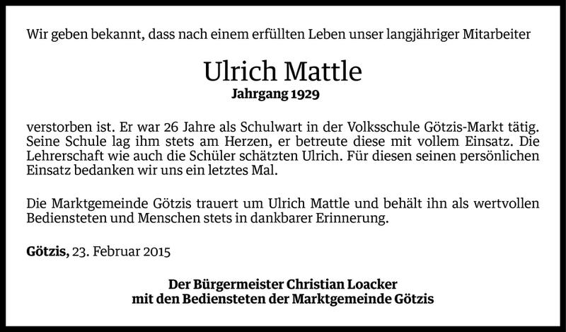  Todesanzeige für Ulrich Ewald Mattle vom 24.02.2015 aus Vorarlberger Nachrichten