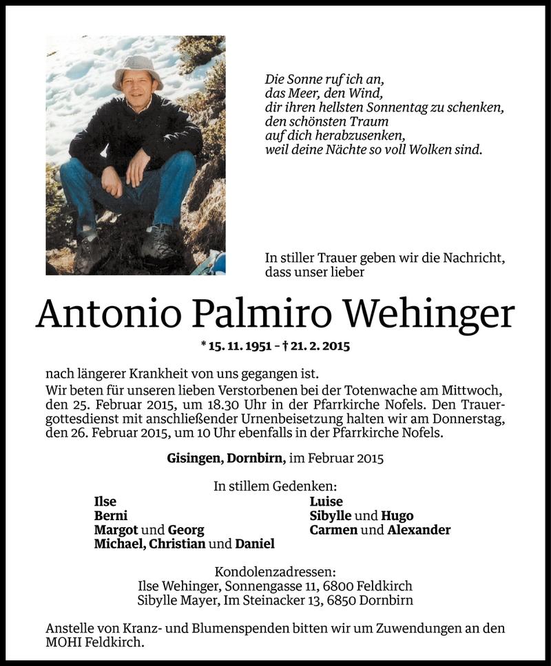  Todesanzeige für Antonio Palmiro Wehinger vom 23.02.2015 aus Vorarlberger Nachrichten