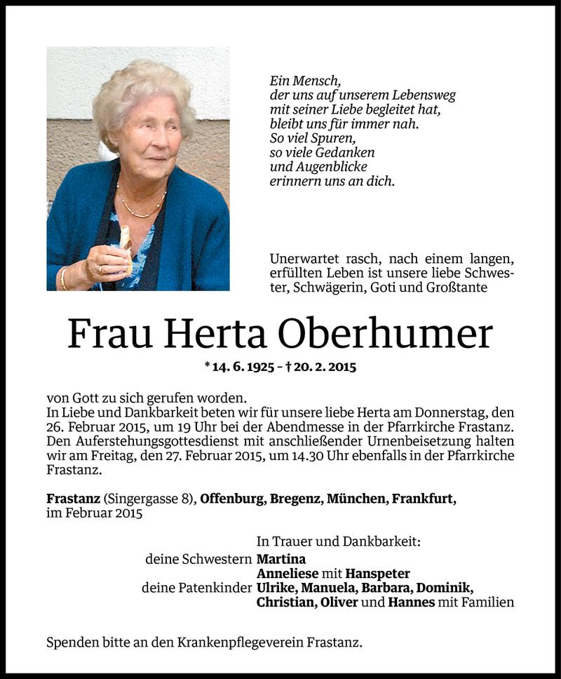  Todesanzeige für Herta Oberhumer vom 24.02.2015 aus Vorarlberger Nachrichten