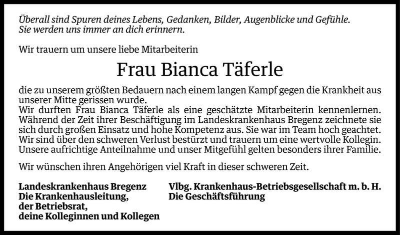  Todesanzeige für Bianca Täferle vom 24.02.2015 aus Vorarlberger Nachrichten