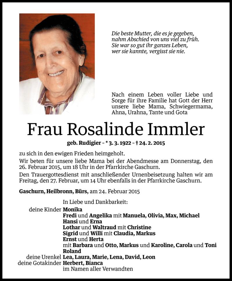  Todesanzeige für Rosalinde Immler vom 24.02.2015 aus Vorarlberger Nachrichten