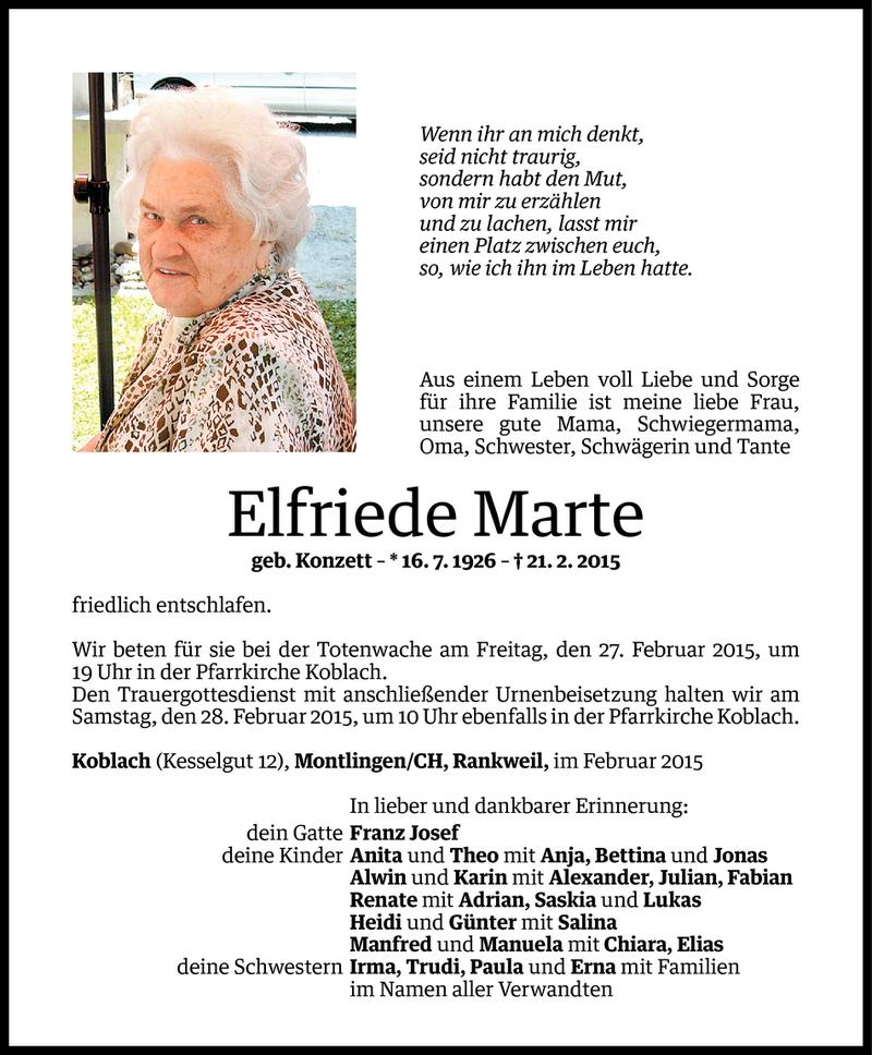  Todesanzeige für Elfriede Marte vom 25.02.2015 aus Vorarlberger Nachrichten