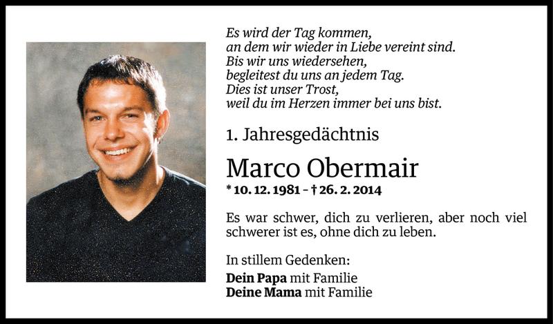  Todesanzeige für Marco Obermair vom 26.02.2015 aus Vorarlberger Nachrichten