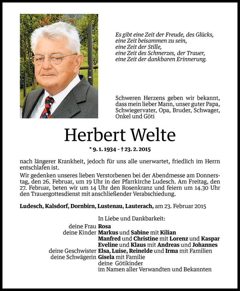  Todesanzeige für Herbert Welte vom 25.02.2015 aus Vorarlberger Nachrichten