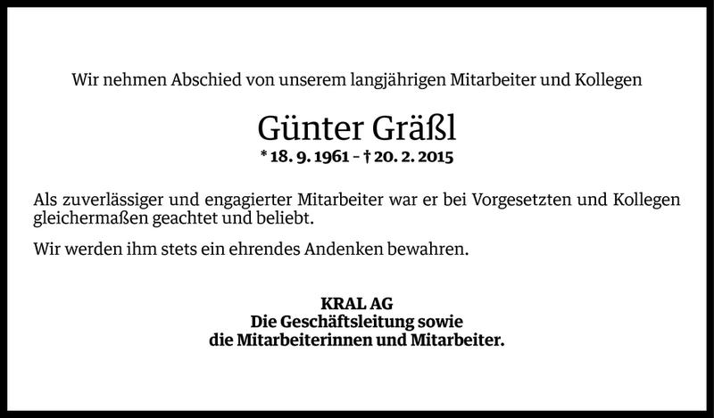  Todesanzeige für Günter Gräßl vom 25.02.2015 aus Vorarlberger Nachrichten