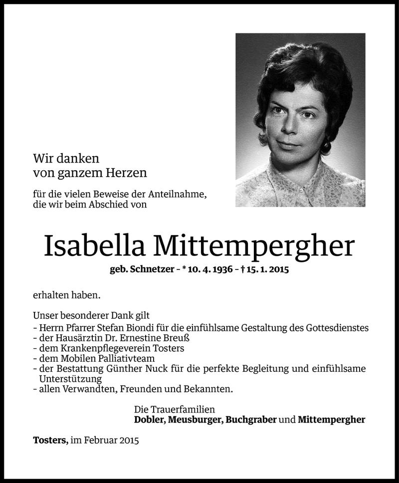  Todesanzeige für Isabella Mittempergher vom 25.02.2015 aus Vorarlberger Nachrichten